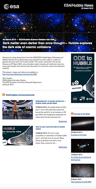 ESA/Hubble Science Release heic1506 - Dark matter even darker than once thought — Hubble explores the dark side of cosmic collisions