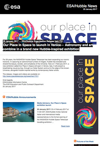 ESA/Hubble Organisation Release heic1701 - Our Place in Space to launch in Venice — Astronomy and art combine in a brand new Hubble-inspired exhibition