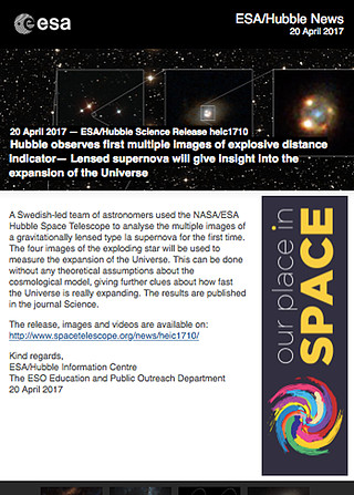 ESA/Hubble Science Release heic1710 - Hubble observes first multiple images of explosive distance indicator — Lensed supernova will give insight into the expansion of the Universe