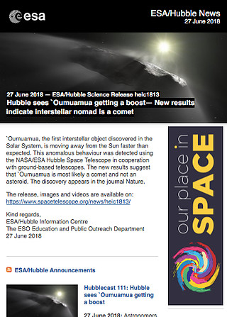 ESA/Hubble Science Release heic1813 - Hubble sees `Oumuamua getting a boost — New results indicate interstellar nomad is a comet