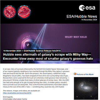 ESA/Hubble Science Release heic2415 - Hubble sees aftermath of galaxy’s scrape with Milky Way — Encounter blew away most of smaller galaxy’s gaseous halo