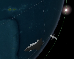 The Shuttle and Hubble are now (16:35 CET) at a distance of approximately 600 km. Here are two images of their relative positions. NB: The sizes of the spacecrafts have been exaggerated 10.000 times, and the orientation (attitude) of Hubble is the predicted one, not the actual one (which was upside down). 3D graphics: ESA Virtual Reality Lab, Erasmus User Centre.       